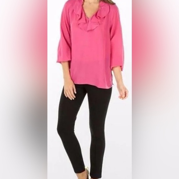 Lilly Pulitzer Dark Raspberry Pink Ruffle Neck Ellie Top Long Sleeve - Picture 5 of 6